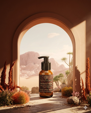 Skincare bottle with desert landscape in the background