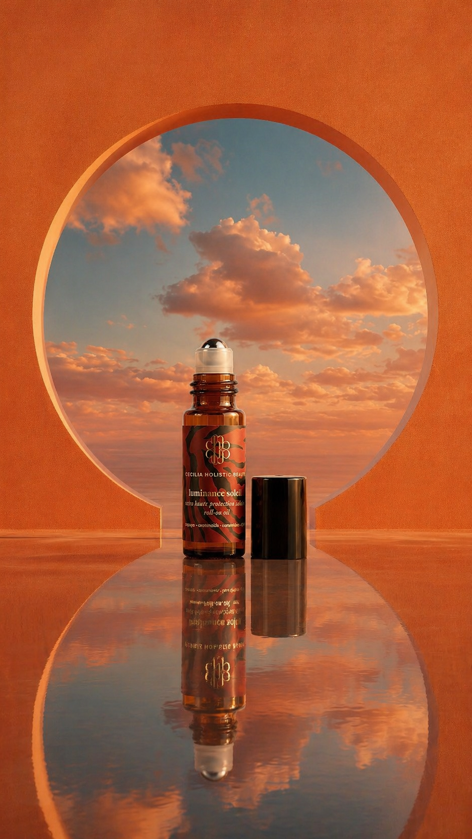 Skincare roller bottle with gold cap on a reflective surface with a sunset sky background