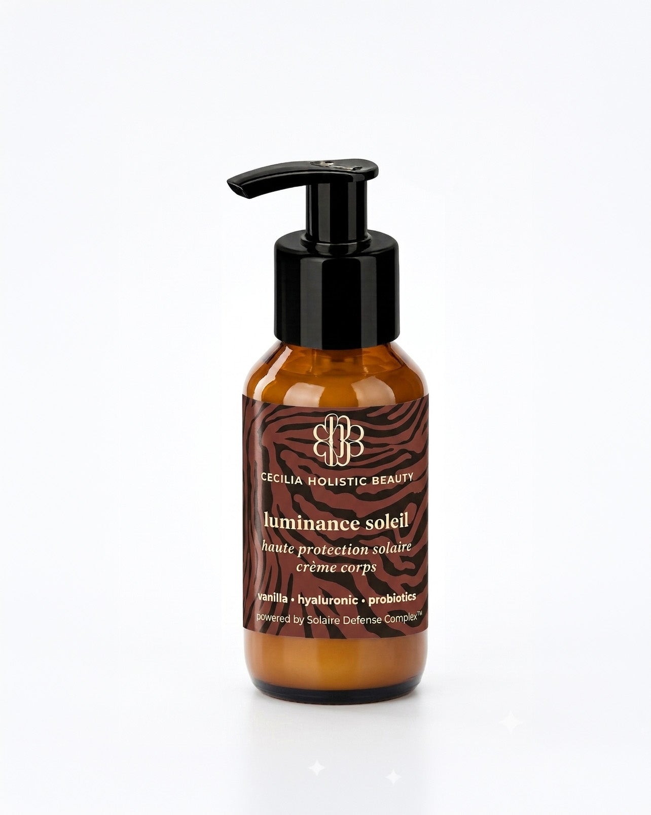 Brown bottle with pump and 'Cecilia Holistic Beauty' label on a white background